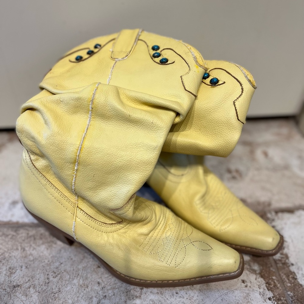 Pale Yellow and turquoise studded western boots size 7